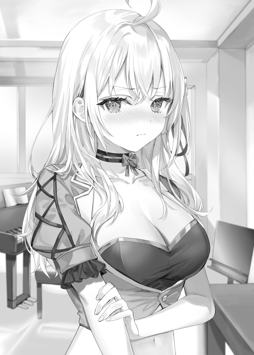 1girl 3: absurdres ahoge alisa_mikhailovna_kujou arm_under_breasts blush bow_choker breasts buttons choker cleavage closed_mouth collarbone crop_top cropped_jacket embarrassed framed_breasts frilled_sleeves frills frown greyscale highres idol large_breasts long_hair looking_at_viewer midriff momoko_(momopoco) monochrome navel nose_blush novel_illustration official_art shirt short_sleeves solo stomach tokidoki_bosotto_roshia-go_de_dereru_tonari_no_arya-san upper_body v-shaped_eyebrows