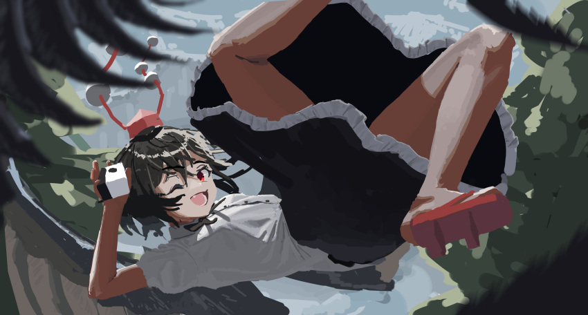 1girl absurdres black_hair black_skirt branch camera flying forest hat highres holding holding_camera medium_hair nature one_eye_closed open_mouth red_footwear red_headwear shameimaru_aya shirt skirt smile solo tokin_hat touhou tree white_shirt yunickckck