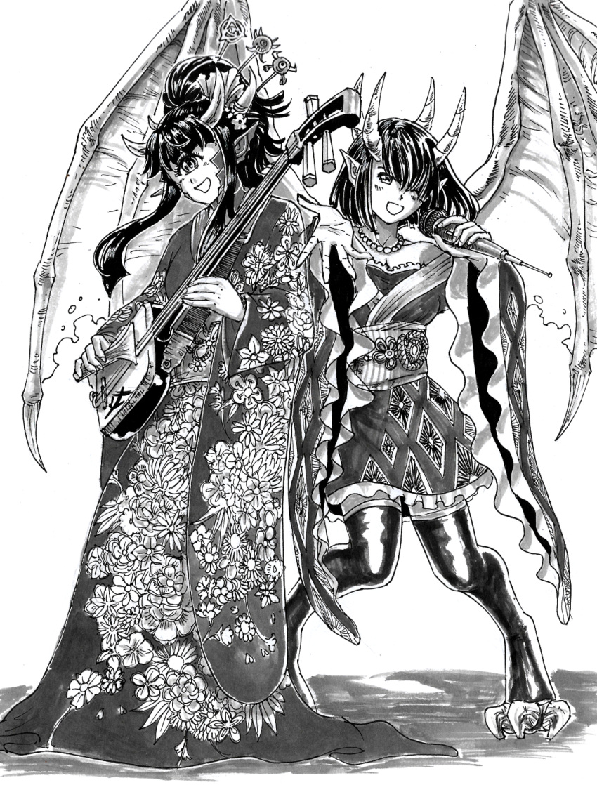 2girls bachi blood_(game) cacodemon claws crossover cyclops demon_girl demon_horns doom_(series) floral_print flower full_body greyscale hair_ornament highres holding holding_microphone horns instrument japanese_clothes kimono long_hair long_sleeves looking_at_viewer medium_hair microphone monochrome monster_girl multiple_girls multiple_horns music obi one-eyed playing_instrument plectrum pointy_ears sash shamisen singing smile stone_gargoyle_(blood) substance20 thighhighs white_background wide_sleeves wings