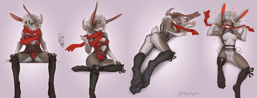 absurd_res anthro anthro_female antlers blind_eye breasts bunny_feet bunnygirl butt clothed clothing feet female female_focus fishnet fishnet_legwear foot_focus gag gagged gagged_female genitals hair hare hareley harness hi_res horn jackalope lagomorph laying_on_stomach legwear leporid lingerie lying mammal on_back partially_clothed pussy rabbit scar scarf scut_tail short_tail solo spread_legs spreading starlyve stockings straps tail torn_fishnets undressing