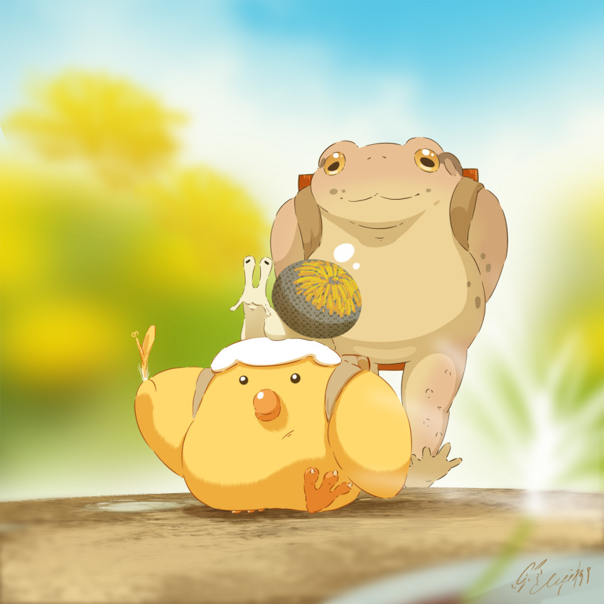 animal animal_focus arms_behind_back backpack bag bird blurry blurry_background chick day hachiya_shohei highres holding no_humans original outdoors snail toad_(animal)