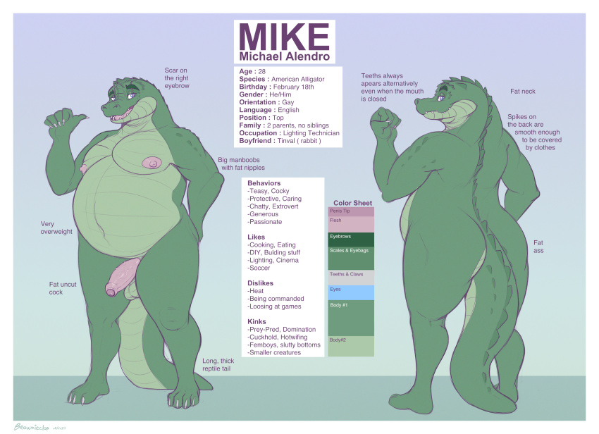absurd_res anthro balls brownieclop butt crocodile crocodilian crocodylid digital_media_(artwork) english_text genitals hi_res male mike_(brownieclop) model_sheet nipples nude overweight overweight_male penis reptile scales scalie simple_background smile solo standing tail text