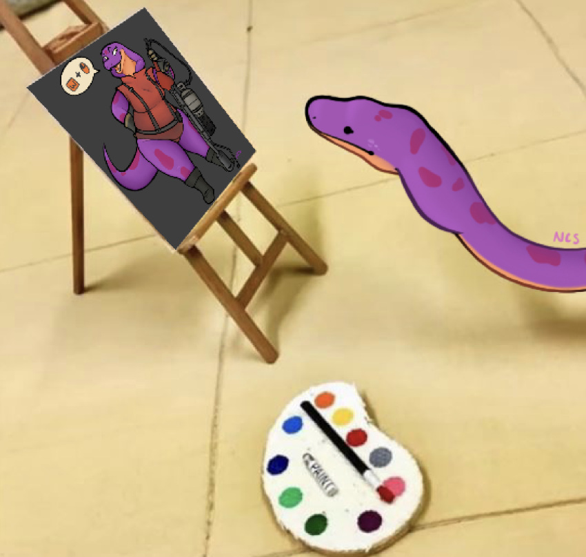 2023 brush canvas cobra creating_art dot_eyes draw_over easel female feral hi_res inside keeshee ncs paint paintbrush painting pallet photo_background photography_(artwork) real reptile scalie shadow snake snake_hood solo team_fortress_2 valve