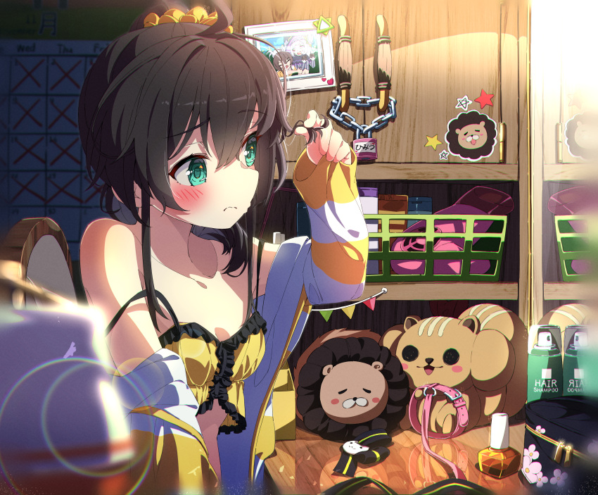 1girl absurdres ahoge ama_rei aqua_eyes bare_shoulders blush breasts brown_hair camisole chain commentary_request hair_ornament hair_scrunchie highres hololive indoors jacket lock long_hair long_sleeves looking_to_the_side natsuiro_matsuri natsuiro_matsuri_(matsuri's_day_off) off-shoulder_jacket off_shoulder official_alternate_costume padlock pinstripe_camisole pinstripe_pattern scrunchie side_ponytail sitting small_breasts solo spaghetti_strap strap_slip striped striped_jacket stuffed_toy virtual_youtuber yellow_camisole