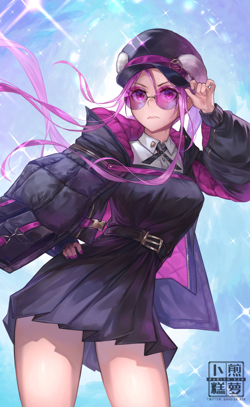 1girl absurdres adjusting_clothes adjusting_headwear black_headwear black_jacket black_skirt blush breasts chewing_gum fate/grand_order fate_(series) glasses hand_on_own_hip hat highres jacket large_breasts long_hair looking_at_viewer medusa_(fate) medusa_(saber)_(fate) open_clothes open_jacket pink-tinted_eyewear pink_lips pleated_skirt purple_eyes purple_hair radishkek skirt skirt_set solo sunglasses thighs tinted_eyewear