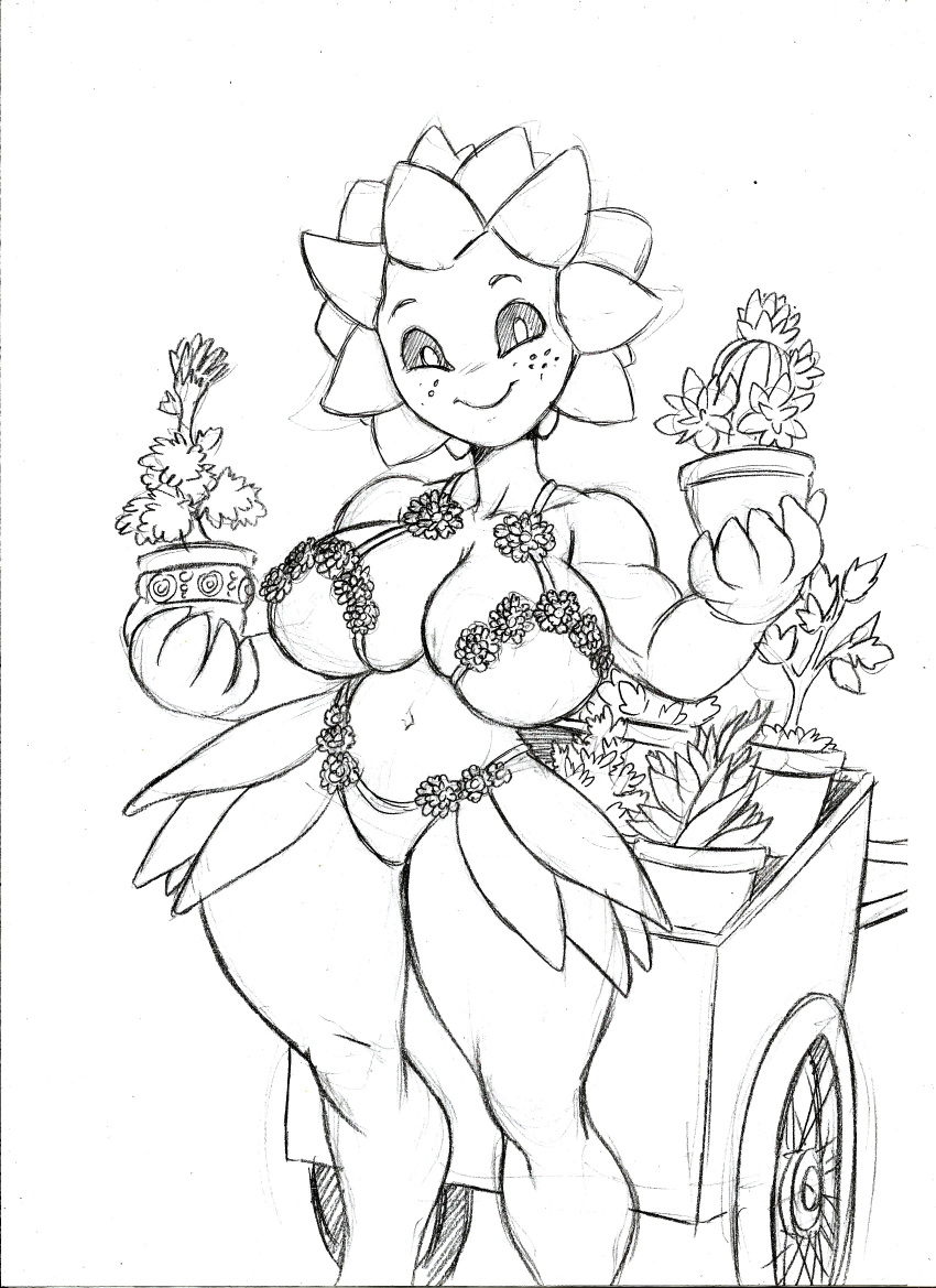 2022 absurd_res anthro big_breasts black_and_white bra breasts cart chochi cleavage clothed clothing dark_sclera elemental_creature female flora_fauna flower freckles graphite_(artwork) hi_res leaf_skirt looking_at_viewer midriff monochrome pencil_(artwork) plant plant_pot potted_plant sketch skimpy smile solo thick_thighs traditional_media_(artwork) underwear wide_hips