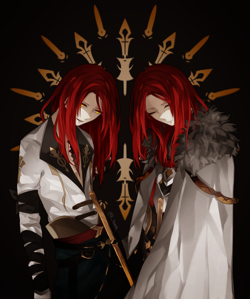 2boys armor bandaged_arm bandages black_background black_pants cape closed_eyes closed_mouth cowboy_shot dual_persona expressionless fate/grand_order fate_(series) fur-trimmed_cape fur_trim highres lapels long_hair looking_at_viewer male_focus multiple_boys pants parted_bangs parted_lips plunging_neckline red_hair scar scar_on_chest sheath sheathed shirt smile sunburst sword symmetrical_pose teeth toalke_knell tristan_(fate) upper_teeth_only weapon white_cape white_shirt yellow_eyes