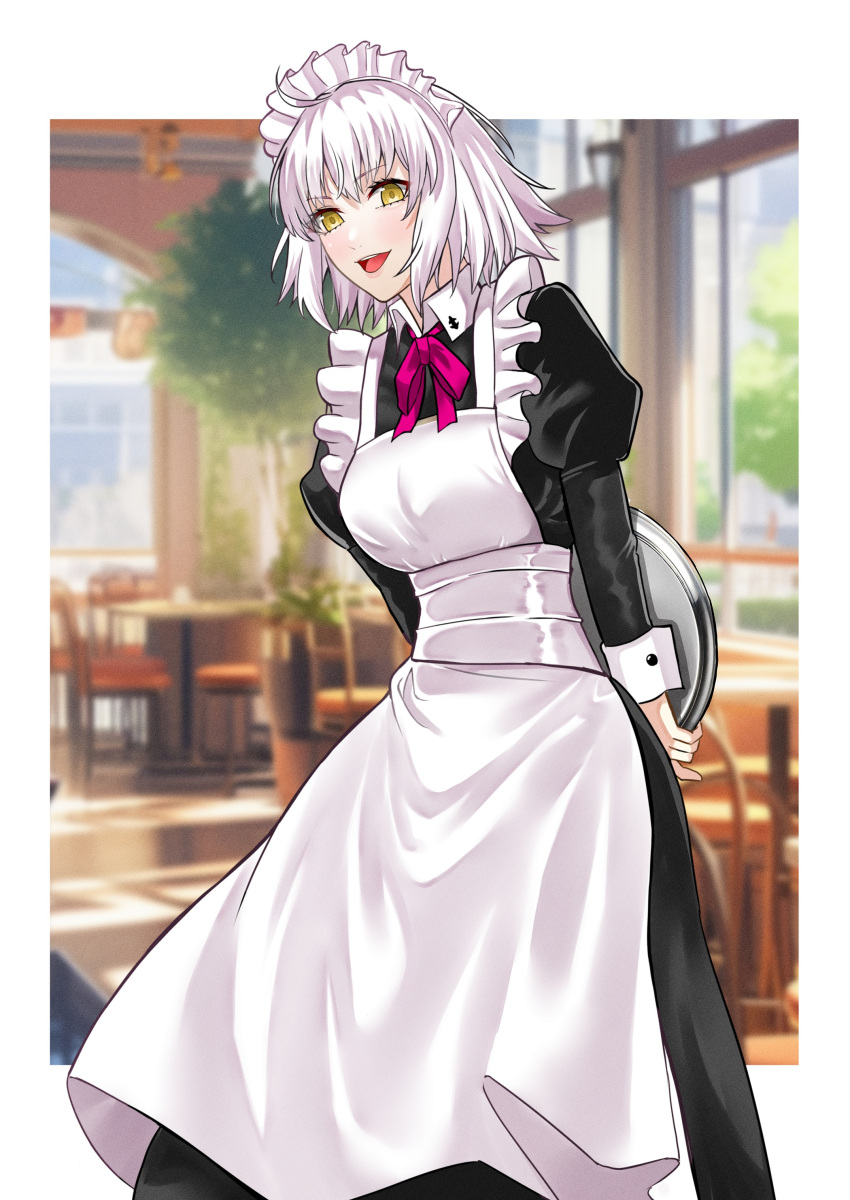 1girl absurdres blush breasts dress fate/grand_order fate_(series) gloves grey_hair highres jeanne_d'arc_alter_(avenger)_(fate) jeanne_d'arc_alter_(fate) large_breasts long_sleeves looking_at_viewer maid open_mouth short_hair smile solo tomotomow00w yellow_eyes