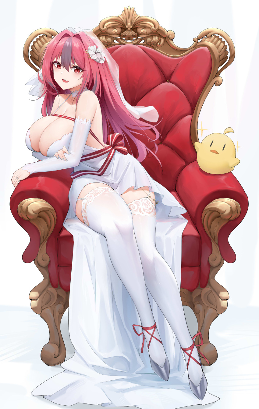 1girl absurdres aqua_nails armchair azur_lane breasts bremerton_(azur_lane) bremerton_(joyride_of_love)_(azur_lane) chair cleavage dress fingernails flower grey_footwear hair_flower hair_intakes hair_ornament highres huge_breasts kafeifeifeifeifeifei_jiemo_jun knees long_hair looking_at_viewer manjuu_(azur_lane) multicolored_hair nail_polish on_chair open_mouth pink_hair red_eyes red_ribbon ribbon sitting smile solo streaked_hair striped striped_ribbon thighhighs thighs two-tone_hair white_dress white_flower white_thighhighs white_veil