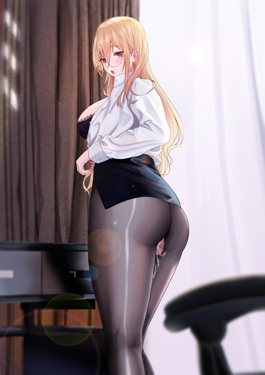 absurdres after_vaginal ass azur_lane black_bra black_pantyhose black_skirt blonde_hair bra breasts cum cum_in_pussy cum_on_clothes cum_on_legs cum_overflow from_side glasses high-waist_skirt highres implacable_(azur_lane) implacable_(shepherd_of_the_"lost")_(azur_lane) indoors large_breasts long_hair long_sleeves looking_at_viewer microskirt noyuki_(3702) office_lady official_alternate_costume pantyhose partially_unbuttoned pencil_skirt red_eyes rimless_eyewear shiny_pantyhose skirt standing torn_clothes torn_pantyhose underwear