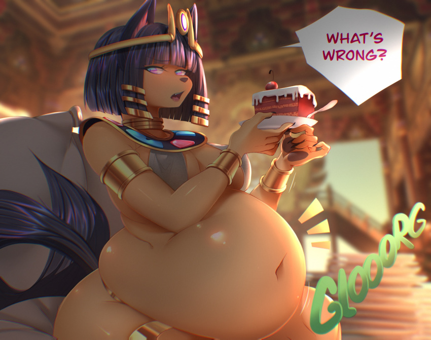 animal_crossing ankha_(animal_crossing) anthro belly big_belly big_breasts big_butt breasts butt cake dessert dialogue domestic_cat felid feline felis female food fur hair hi_res huge_butt huge_thighs inside looking_aside mammal navel nintendo obese obese_anthro obese_female open_mouth overweight overweight_anthro overweight_female purple_eyes purple_hair rumbling_stomach sitting solo sound_effects speech_bubble spellsx tail text thick_thighs yellow_body yellow_fur