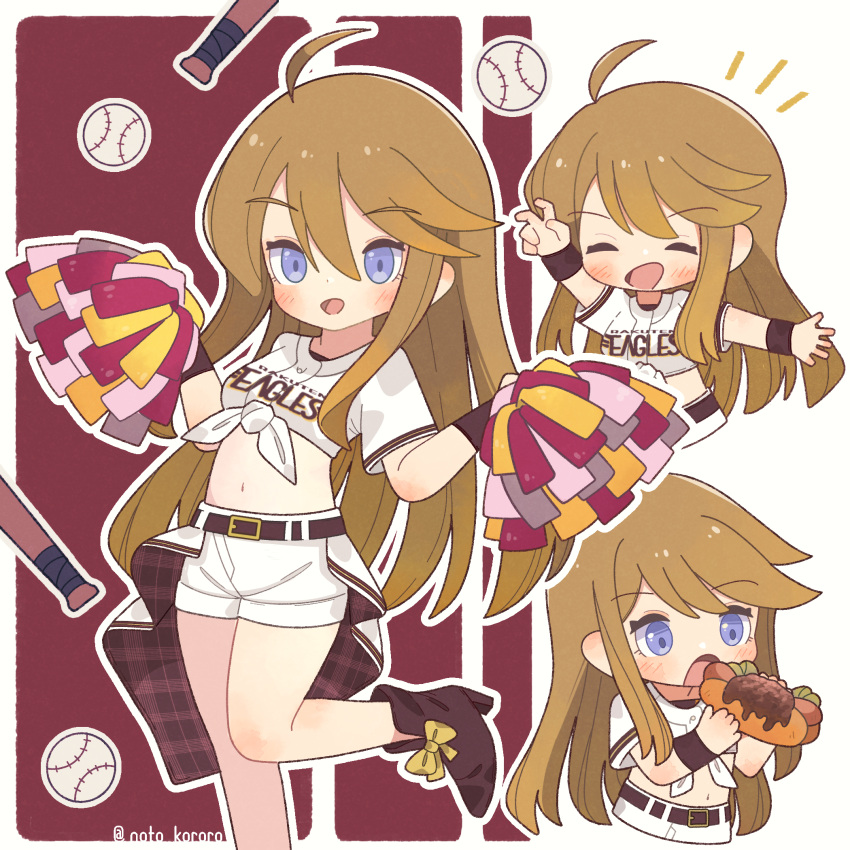 1girl ahoge alternate_costume baseball baseball_bat belt black_wristband blonde_hair blue_eyes blush bow brown_footwear brown_hair cheerleader chili_dog closed_eyes footwear_bow hair_between_eyes happy highres idolmaster idolmaster_million_live! imminent_bite long_hair multiple_views navel nippon_professional_baseball noto_(user_dajk3722) open_mouth shirt tied_shirt tokoro_megumi touhoku_rakuten_golden_eagles twitter_username white_shirt yellow_bow