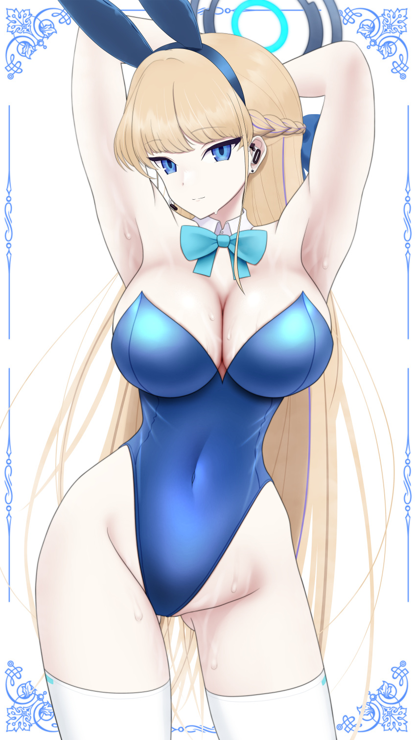 1girl absurdres alternate_breast_size animal_ears armpits arms_up blonde_hair blue_archive blue_bow blue_bowtie blue_eyes blue_hairband blue_leotard bow bowtie braid breasts covered_navel fake_animal_ears groin hairband halo headset highleg highleg_leotard highres large_breasts leotard long_hair microphone navel official_alternate_costume playboy_bunny rabbit_ears sakurein solo sweat thighhighs thighs toki_(blue_archive) toki_(bunny)_(blue_archive) very_long_hair white_thighhighs