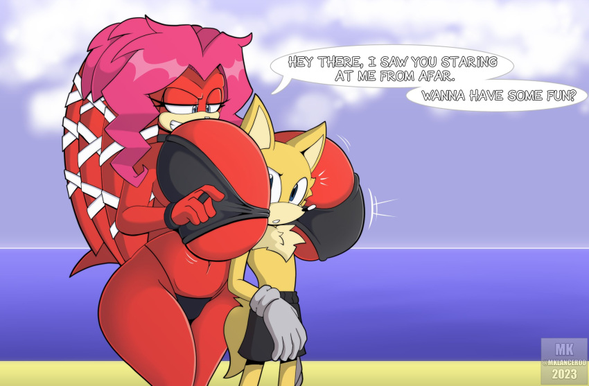 anthro archie_comics beach big_breasts bikini breasts canid canine canis clothing duo echidna female hi_res huge_breasts interspecies lien-da male male/female mammal mklancer00 monotreme seaside sega sonic_the_hedgehog_(archie) sonic_the_hedgehog_(comics) sonic_the_hedgehog_(series) swimwear wolf