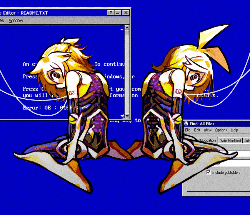 1boy 1girl absurdres ahoge android blonde_hair blue_screen_of_death bow hair_bow highres hunched_over joints kagamine_len kagamine_rin kneeling looking_at_viewer looking_back mechanical_parts number_tattoo ribs robot robot_girl robot_joints short_hair short_ponytail shoulder_blades shoulder_tattoo sitting skeleton spine swept_bangs tattoo translucent_skin turning_head vocaloid wariza yellow_bow yellow_eyes yuzuyooja