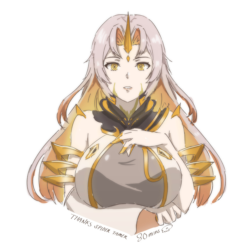 1girl absurdres bare_shoulders breasts facing_viewer fire_emblem fire_emblem_heroes gold grey_hair gullveig_(fire_emblem) highres horns large_breasts looking_at_viewer single_horn solo tak0baka upper_body yellow_eyes