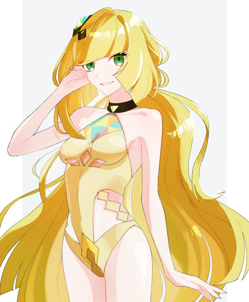 1girl adapted_costume bare_arms black_choker blonde_hair blunt_bangs breasts choker commentary_request cowboy_shot eyelashes green_eyes grin hair_ornament hand_up highres long_hair lusamine_(pokemon) lusamine_(sygna_suit)_(pokemon) medium_breasts official_alternate_costume one-piece_swimsuit osg_pk pokemon pokemon_(game) pokemon_masters_ex smile solo swimsuit teeth very_long_hair yellow_one-piece_swimsuit