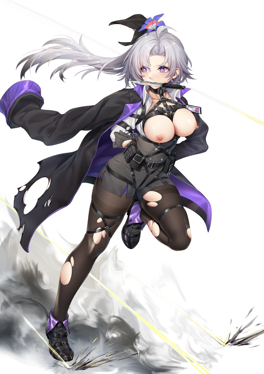 1girl absurdres ahoge apc9k_(girls'_frontline) bdsm black_pantyhose bondage bound breasts breasts_out cleavage commission flower full_body gag girls'_frontline grey_hair hair_flower hair_ornament harness highres jacket jacket_on_shoulders knife_in_mouth long_hair mouth_hold nipples pantyhose ray_(pixiv9514208) restrained running second-party_source smoke solo thighband_pantyhose torn_clothes torn_jacket torn_pantyhose