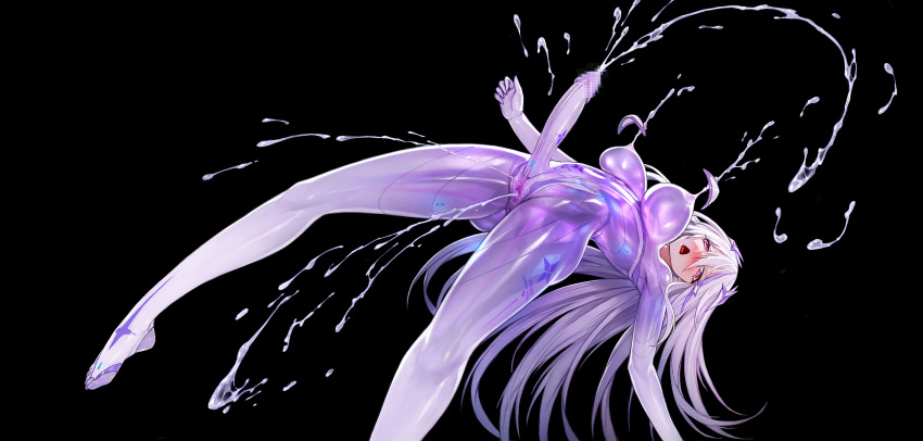 1girl anus ass_visible_through_thighs black_background blush breasts censored cum ejaculation female_ejaculation futanari grey_hair highres lactation large_breasts long_hair looking_at_viewer mosaic_censoring open_mouth pasties_removed penis purple_eyes pussy pussy_juice robot_girl simple_background solo very_long_hair zhuore_zhi_hen
