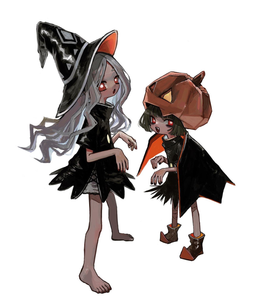 2girls bare_legs barefoot black_cape black_dress black_headwear black_nails blunt_bangs bob_cut cape character_request dress full_body green_hair grey_hair halloween halloween_costume hat high_collar highres jack-o'-lantern long_hair looking_at_viewer multiple_girls nail_polish open_mouth orange_headwear orange_nails oshio_(shioqqq) pointy_footwear print_headwear pumpkin_hat red_eyes shoes short_dress short_hair short_sleeves simple_background sky:_children_of_the_light standing star-shaped_pupils star_(symbol) symbol-shaped_pupils white_background witch_hat