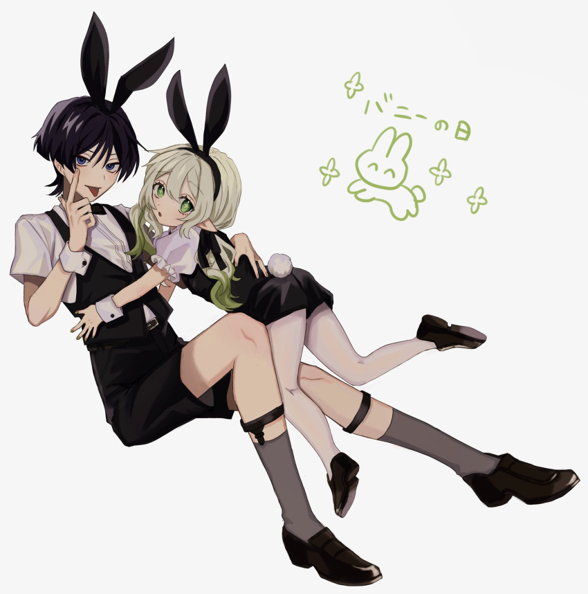 1boy 1girl :p alternate_costume alternate_hairstyle animal_ears black_footwear bunny_day commentary_request eyeshadow fake_animal_ears genshin_impact green_hair grey_hair highres looking_at_viewer makeup medium_hair multicolored_hair nahida_(genshin_impact) no6_gnsn pantyhose playboy_bunny pointy_ears purple_eyes purple_hair rabbit rabbit_ears rabbit_tail red_eyeshadow scaramouche_(genshin_impact) shirt short_hair short_sleeves simple_background sitting tail tongue tongue_out twintails white_background white_pantyhose white_shirt