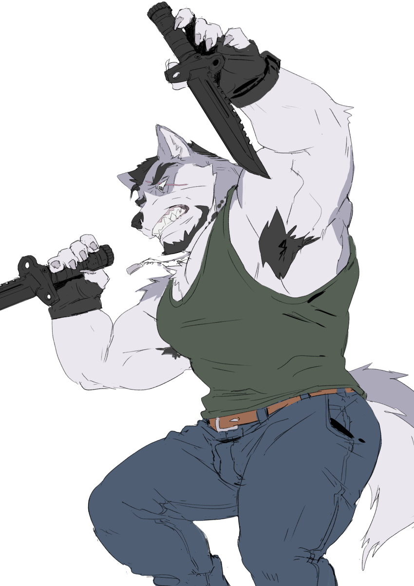 2023 absurd_res anthro armpit_hair barazoku beard belt biceps black_hair blue_bottomwear blue_clothing blue_jeans blue_pants body_hair bottomwear canid canine canis claws clenched_teeth clothing combat_knife denim denim_clothing dog_tags dual_wielding dual_wielding_melee_weapons eye_scar facial_hair facial_scar fierce finger_claws fingerless_gloves fur gloves goatee green_clothing green_shirt green_tank_top green_topwear grey_body grey_fur hair handwear hi_res holding_object holding_weapon jeans kazunoko knife male mammal muscular muscular_anthro muscular_male pants raised_arm richard_mcgrath scar shirt solo tank_top teeth topwear weapon white_body white_fur wolf