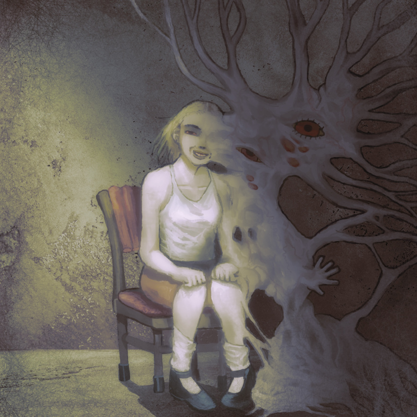 blonde_hair body_horror bottomwear chair clothing detailed_background eyelashes female footwear furniture hair hi_res humanoid looking_at_viewer monster multi_arm multi_eye multi_hand multi_limb not_furry on_chair pale_skin plastiboo red_eyes shirt shoes sitting sitting_on_chair smile socks solo tank_top topwear unusual_anatomy