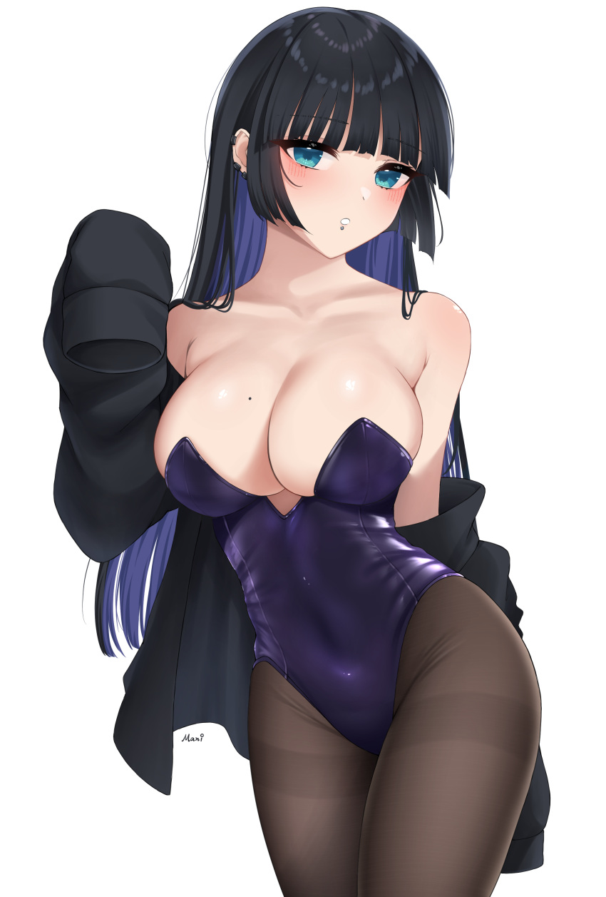 1girl absurdres aqua_eyes arm_behind_back armpit_crease artist_name bare_shoulders black_hair black_jacket blunt_bangs blush bocchi_the_rock! breasts brown_pantyhose chin_piercing cleavage collarbone colored_inner_hair commentary_request contrapposto cowboy_shot ear_piercing groin hand_up highleg highleg_leotard highres jacket large_breasts leotard long_hair long_sleeves looking_at_viewer mole mole_on_breast multicolored_hair off_shoulder open_clothes open_jacket pa-san pantyhose parted_lips piercing purple_hair purple_leotard simple_background sleeves_past_fingers sleeves_past_wrists solo standing strapless strapless_leotard thighband_pantyhose two-tone_hair white_background zandaka5yen