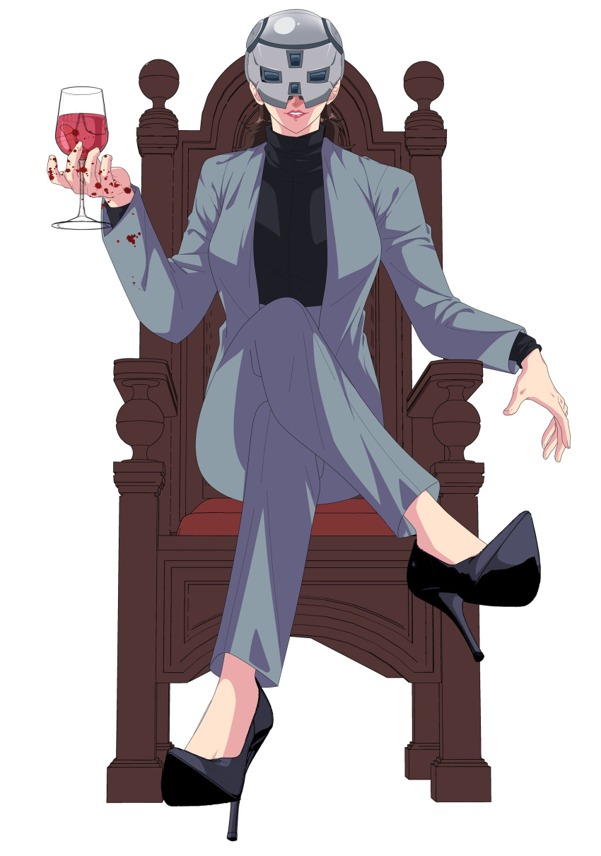 1girl absurdres alcohol black_footwear black_sweater blood blood_splatter breasts brown_hair crossed_legs cup drinking_glass grey_jacket grey_pants gundam gundam_suisei_no_majo high_heels highres holding holding_cup jacket looking_at_viewer mask matsuri1128 medium_breasts open_hand pants parted_lips pink_lips prospera_mercury simple_background sitting smile solo straight-on sweater turtleneck turtleneck_sweater wine wine_glass