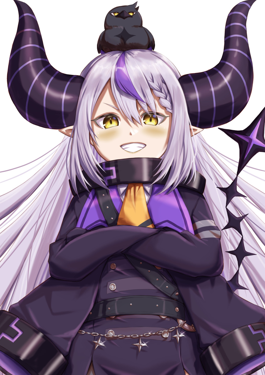 1girl absurdres animal_on_head ascot belt bird bird_on_head black_coat black_horns braid braided_bangs coat collar crossed_arms crow_(la+_darknesss) demon_girl demon_horns grey_hair highres hololive holox horns kenichiart la+_darknesss la+_darknesss_(1st_costume) long_hair long_sleeves looking_at_viewer metal_collar multicolored_hair on_head purple_hair purple_horns simple_background sleeves_past_fingers sleeves_past_wrists smile solo streaked_hair striped_horns very_long_hair virtual_youtuber white_background yellow_ascot yellow_eyes