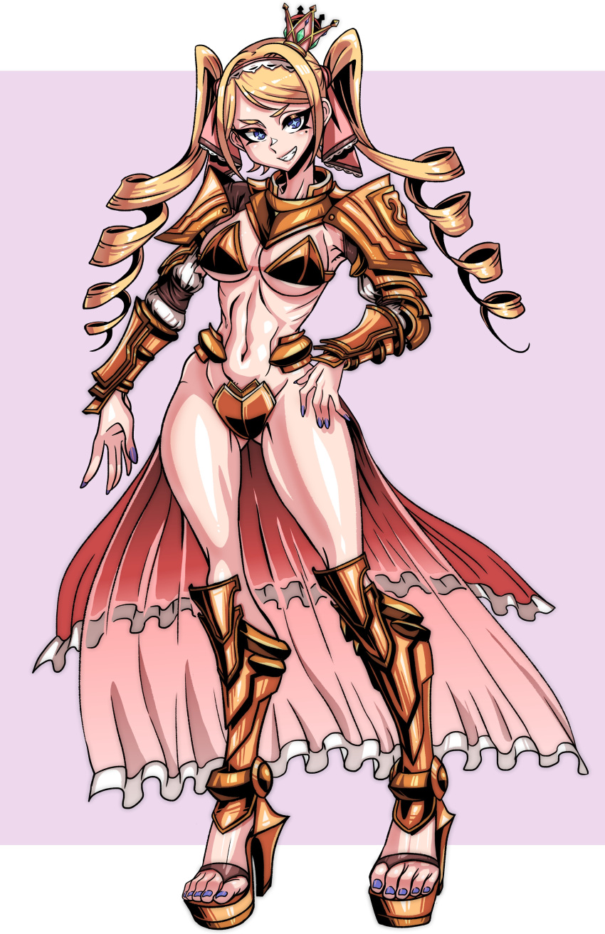 1girl absurdres armor bikini_armor blonde_hair blue_eyes breasts cleavage commission crop_top drill_hair full_body ga320aaa gauntlets greaves grin hairband hand_on_own_hip high_heels highres looking_at_viewer mole mole_under_eye nail_polish navel original pauldrons pixiv_commission purple_nails shoulder_armor smile solo toeless_footwear toenail_polish toenails twin_drills