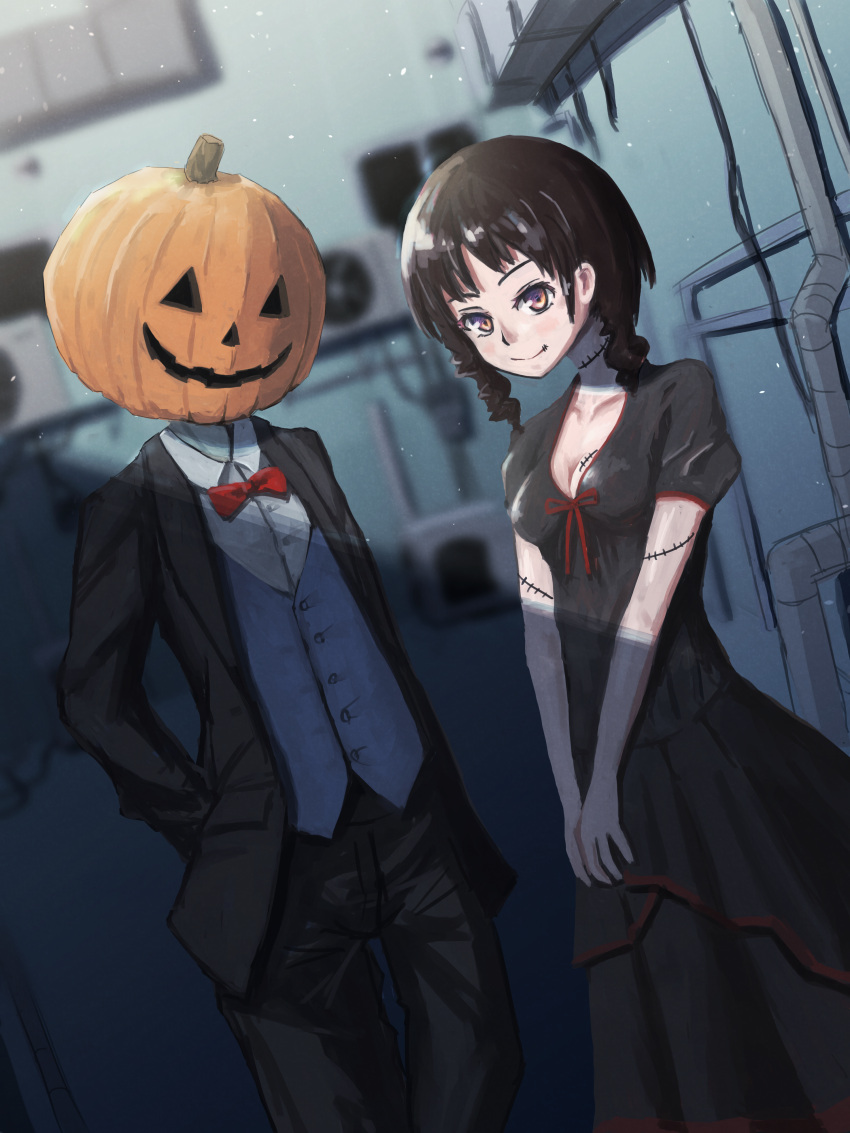 1boy 1girl absurdres black_dress black_jacket black_pants bow bowtie breasts brown_eyes brown_hair cleavage closed_mouth collared_shirt dress grey_vest halloween highres industrial_pipe jack-o'-lantern_head jacket medium_hair okura_lino original pants red_bow red_bowtie shirt smile stitches suit_jacket vest white_shirt