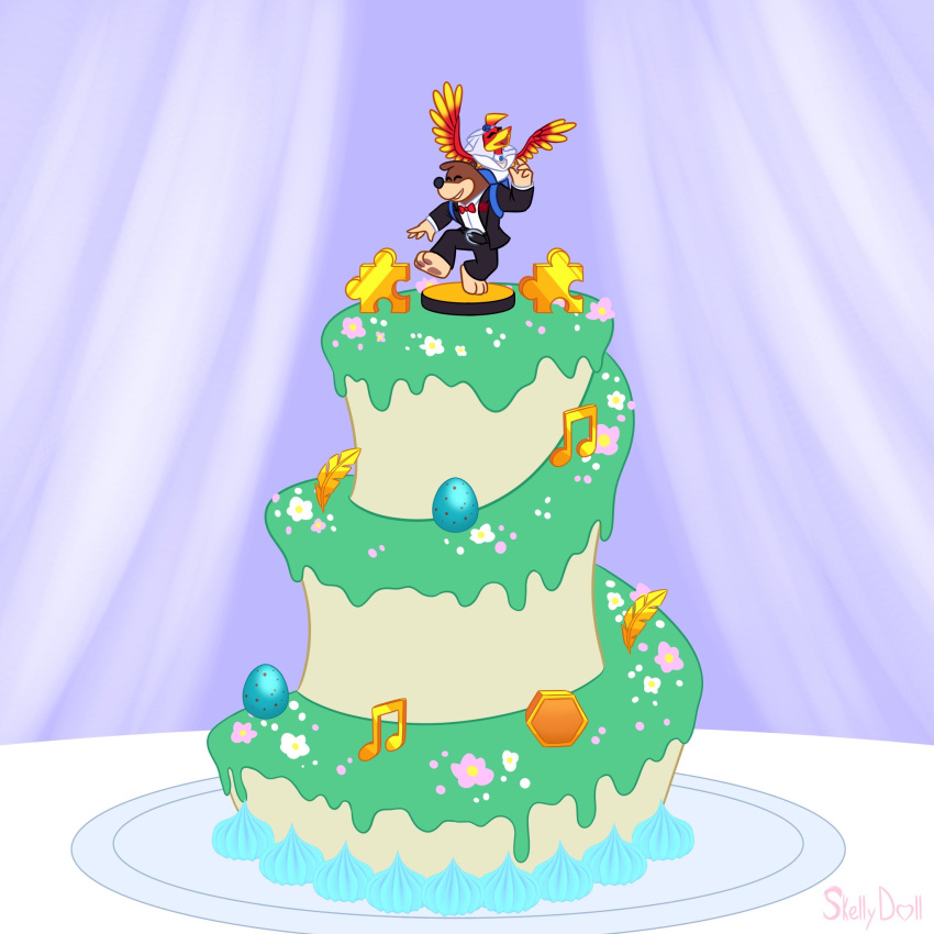 anthro avian banjo-kazooie banjo_(banjo-kazooie) bear bird cake clothing dessert dress duo female feral food hi_res kazooie male male/female mammal rareware skeletonguys-and-ragdolls wedding_cake wedding_clothing wedding_dress