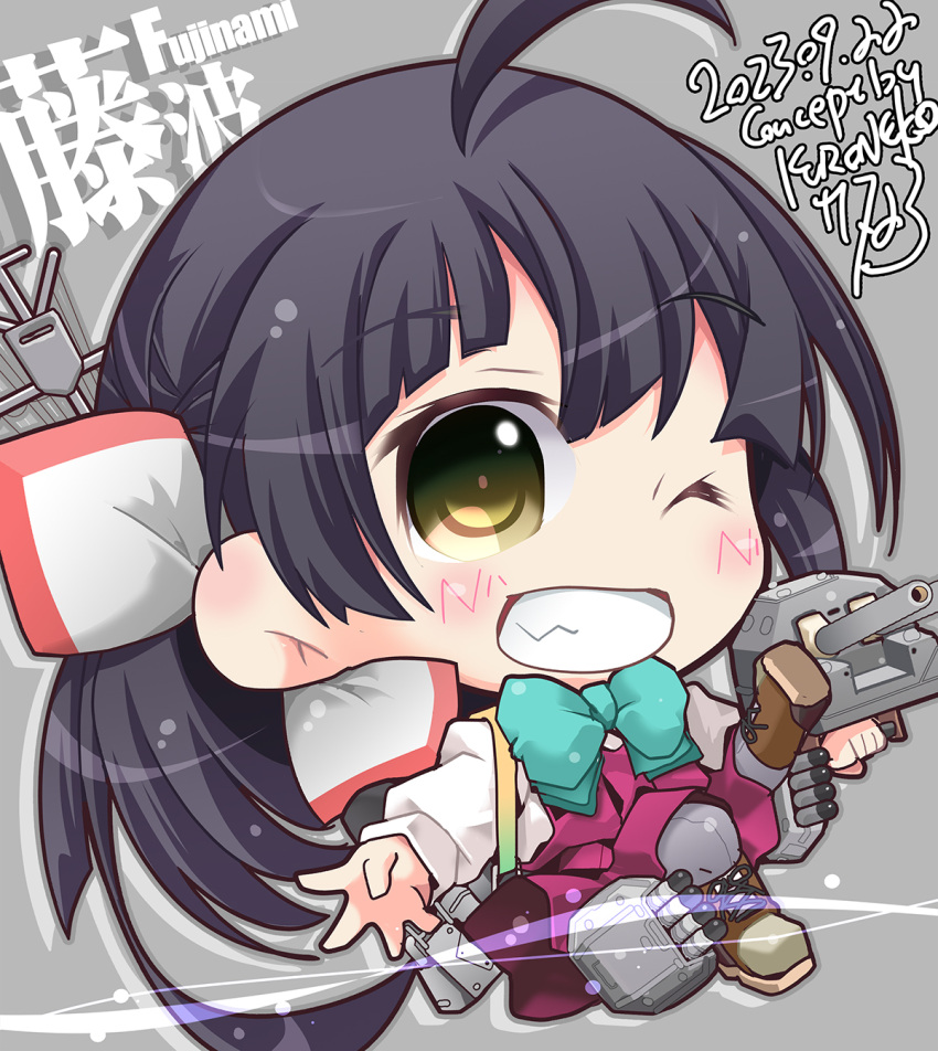 1girl adapted_turret ahoge aqua_bow aqua_bowtie asymmetrical_bangs black_hair boots bow bowtie brown_footwear cannon character_name chibi cross-laced_footwear dress fujinami_(kancolle) grey_pantyhose hair_ribbon highres kantai_collection kuroneko_(kuroneko_works) lace-up_boots long_hair long_sleeves one_eye_closed pantyhose purple_dress ribbon school_uniform shirt side_ponytail smile solo torpedo white_ribbon white_shirt yellow_eyes