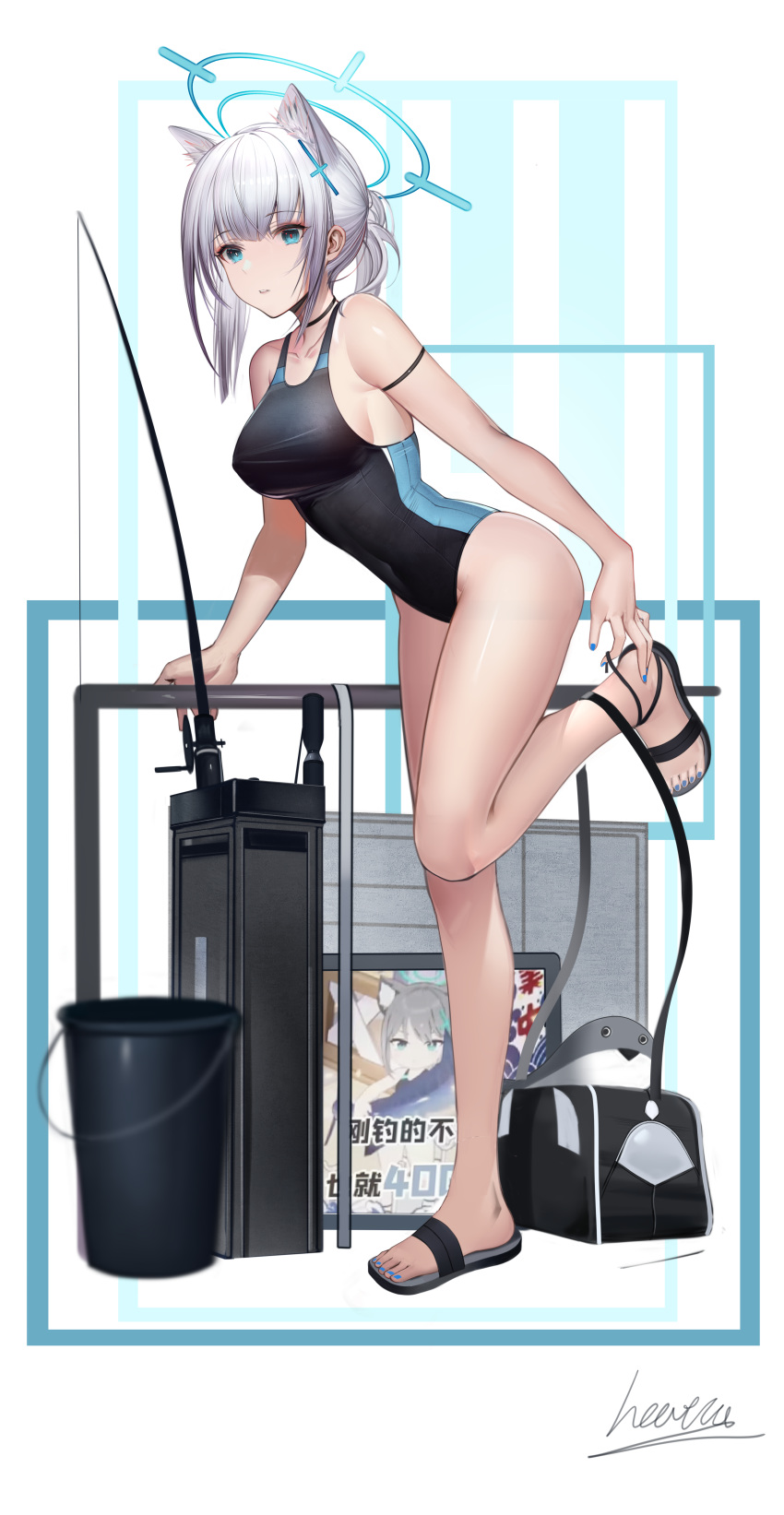1girl absurdres animal_ear_fluff animal_ears bag bare_arms bare_legs bare_shoulders barefoot black_one-piece_swimsuit blue_archive blue_eyes blush breasts bucket collarbone competition_swimsuit covered_navel cross cross_hair_ornament extra_ears fishing_rod full_body hair_ornament halo heatia highleg highleg_swimsuit highres inverted_cross leg_up looking_at_viewer low_ponytail medium_breasts mismatched_pupils multicolored_clothes multicolored_swimsuit official_alternate_costume one-piece_swimsuit sacabambaspis shiroko_(blue_archive) shiroko_(swimsuit)_(blue_archive) shoulder_bag simple_background standing standing_on_one_leg swimsuit thighs two-tone_swimsuit white_background wolf_ears