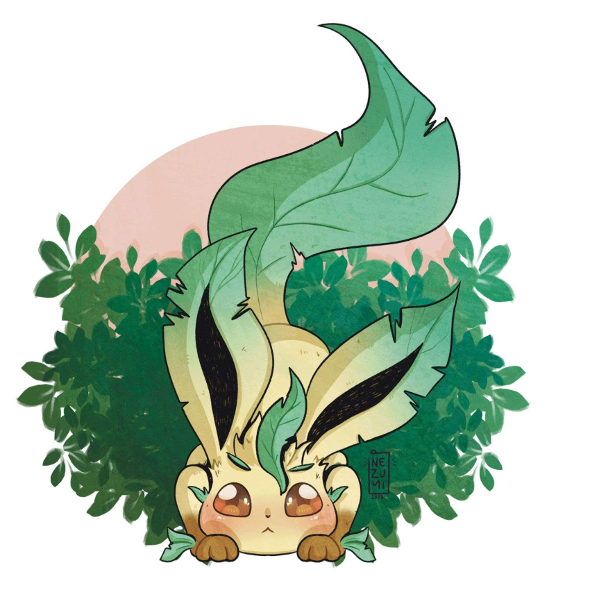 2023 black_nose blush brown_body brown_fur brown_hair brown_paws digital_drawing_(artwork) digital_media_(artwork) eeveelution feral fur generation_4_pokemon green_background hair hi_res leaf leaf_ears leaf_hair leaf_tail leafeon looking_at_viewer nezumi_chan nintendo pink_background plant plant_hair pokemon pokemon_(species) pseudo_hair signature simple_background solo white_background yellow_body yellow_fur