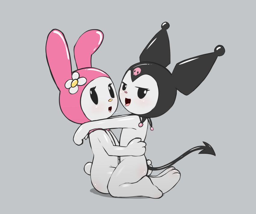 2023 after_kiss anthro black_hood blush bodily_fluids cotton_tail duo e254e embrace female female/female flat_chested half-closed_eyes hi_res hood kissing kuromi lagomorph leporid looking_at_viewer mammal mostly_nude my_melody narrowed_eyes onegai_my_melody pink_hood rabbit saliva saliva_string sanrio simple_background simple_eyes spade_tail tail