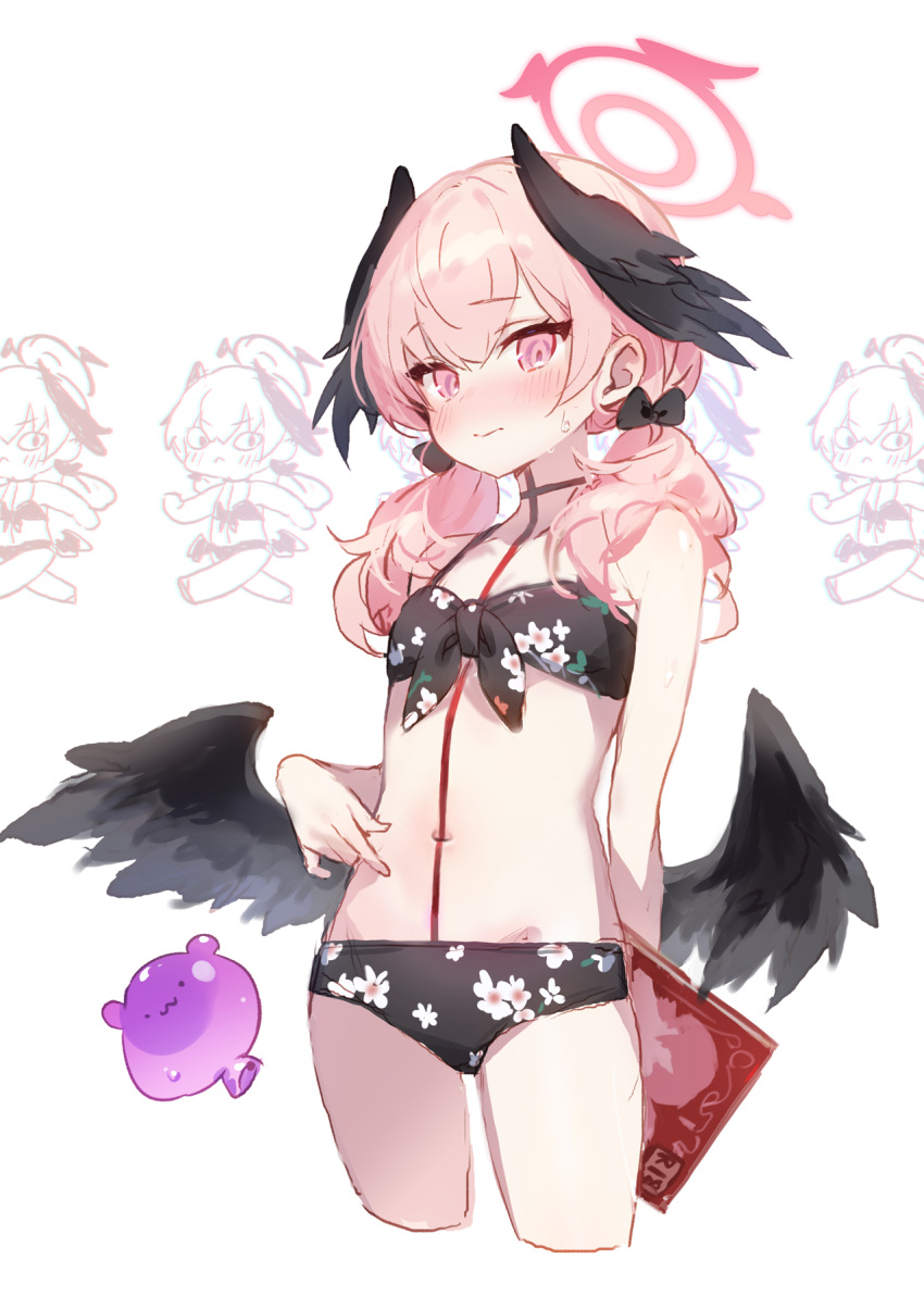 1girl adelie_cat arm_behind_back bikini black_bikini black_bow black_wings blue_archive blush book bow breasts chibi chibi_inset closed_mouth collarbone commentary_request cropped_legs feathered_wings floral_print front-tie_bikini_top front-tie_top hair_bow hair_over_shoulder halo head_wings highres holding holding_book koharu_(blue_archive) koharu_(swimsuit)_(blue_archive) korean_commentary long_hair low_twintails low_wings navel official_alternate_costume pink_eyes pink_hair pink_halo pornography print_bikini simple_background small_breasts solo_focus spaghetti_strap sweat swimsuit twintails white_background wings