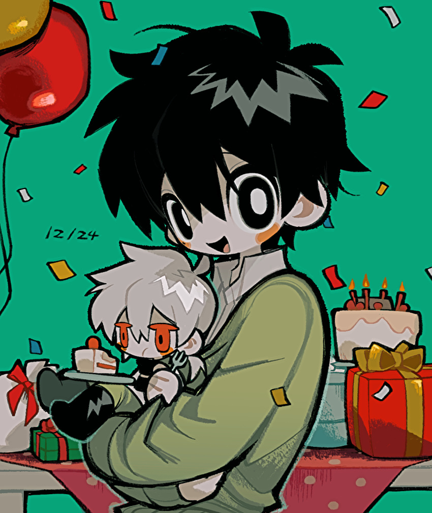 2boys aqua_background balloon birthday black_eyes black_hair blush_stickers bright_pupils cake collared_shirt confetti crossed_arms dual_persona food fork gift green_sweater highres holding holding_fork kagerou_project kokonose_haruka konoha_(kagerou_project) looking_at_viewer mini_person miniboy multiple_boys open_mouth plate shirt short_ponytail simple_background smile sweater tonkatsu184 white_hair white_pupils white_shirt