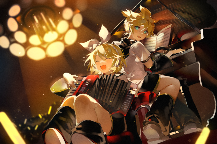 1boy 1girl aqua_eyes back-to-back black_sailor_collar blonde_hair blush candelabra candlestand chinese_commentary closed_eyes commentary concert detached_sleeves glowstick hairband happy headphones highres instrument kagamine_len kagamine_rin looking_at_viewer multiple_hairpins music nail_polish on_floor open_mouth piano playing_instrument playing_piano ribbon sailor_collar sheet_music short_hair shu_(pjxv7485) sidelighting sitting smile stage_lights vocaloid white_ribbon