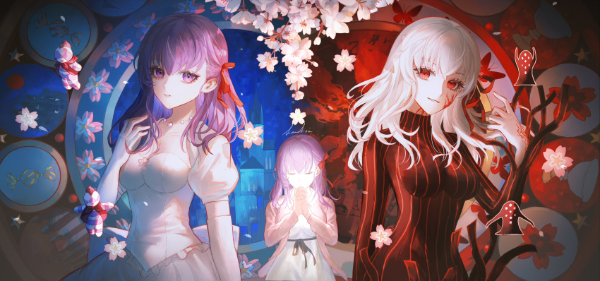 absurdres black_dress breasts cherry_blossoms dress fate/stay_night fate_(series) heaven's_feel highres large_breasts level02 looking_at_viewer matou_sakura purple_eyes purple_hair red_eyes white_dress white_hair