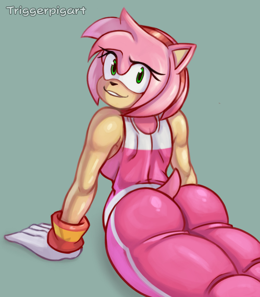 accessory amy_rose anthro bottomwear breasts butt clothing eulipotyphlan female gloves green_eyes hair_accessory hairband handwear hedgehog hi_res looking_at_viewer looking_back looking_back_at_viewer mammal pants sega shirt signature simple_background smile solo sonic_the_hedgehog_(series) tank_top topwear triggerpigart