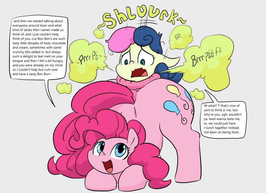 anal anal_vore anus big_butt blue_eyes blue_hair blue_mane bonbon_(mlp) butt cutie_mark dendollae dialogue dock duo earth_pony english_text equid equine fart fart_cloud fart_fetish female female/female friendship_is_magic hair hasbro hi_res horse mammal mane multicolored_hair multicolored_mane my_little_pony open_mouth open_smile pink_body pink_hair pink_mane pink_tail pinkie_pie_(mlp) pony simple_background smile tail tan_body text thick_thighs two_tone_hair two_tone_mane uvula vore wavy_mouth