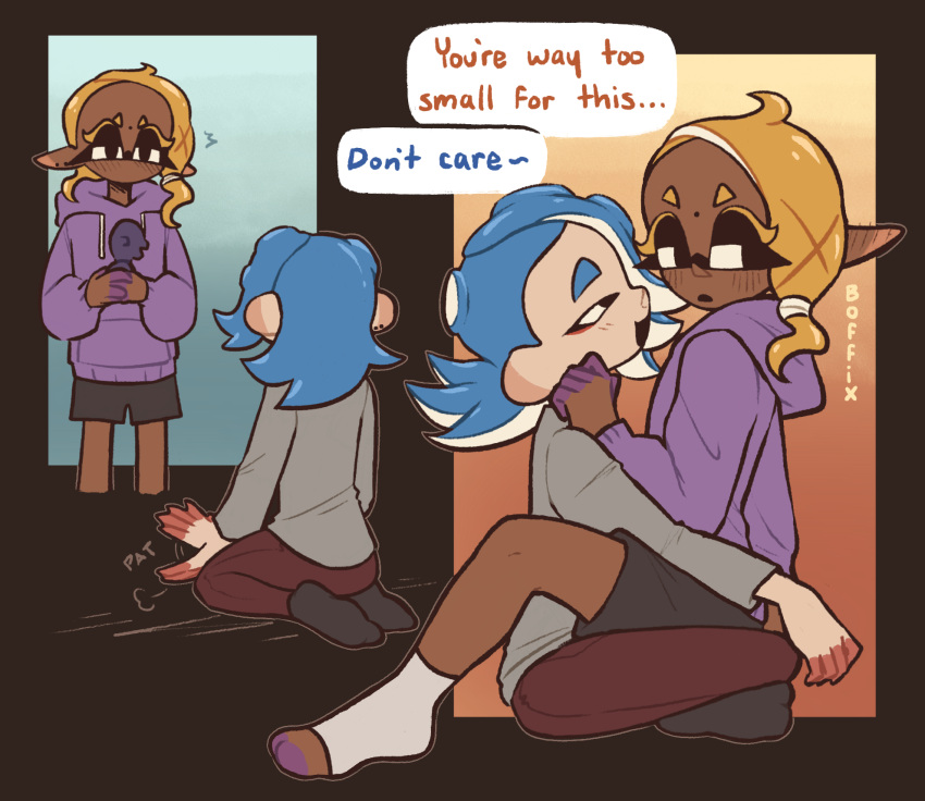 2girls barefoot black_shorts black_socks blonde_hair blue_hair blush boffix brown_pants dark-skinned_female dark_skin domino_mask ear_blush eyeshadow frye_(splatoon) grey_sweater hair_over_one_eye half-closed_eyes hands_on_another's_shoulders height_difference highres hikimayu hood hood_down hoodie indian_style inkling inkling_girl looking_to_the_side makeup mask multiple_girls octoling pale_skin pants pointy_ears purple_hoodie red_eyeshadow shiver_(splatoon) short_hair shorts side_ponytail sitting sitting_on_lap sitting_on_person socks splatoon_(series) splatoon_3 squatting straddling suction_cups sweater tentacle_hair thick_eyebrows turtleneck turtleneck_sweater white_socks yuri