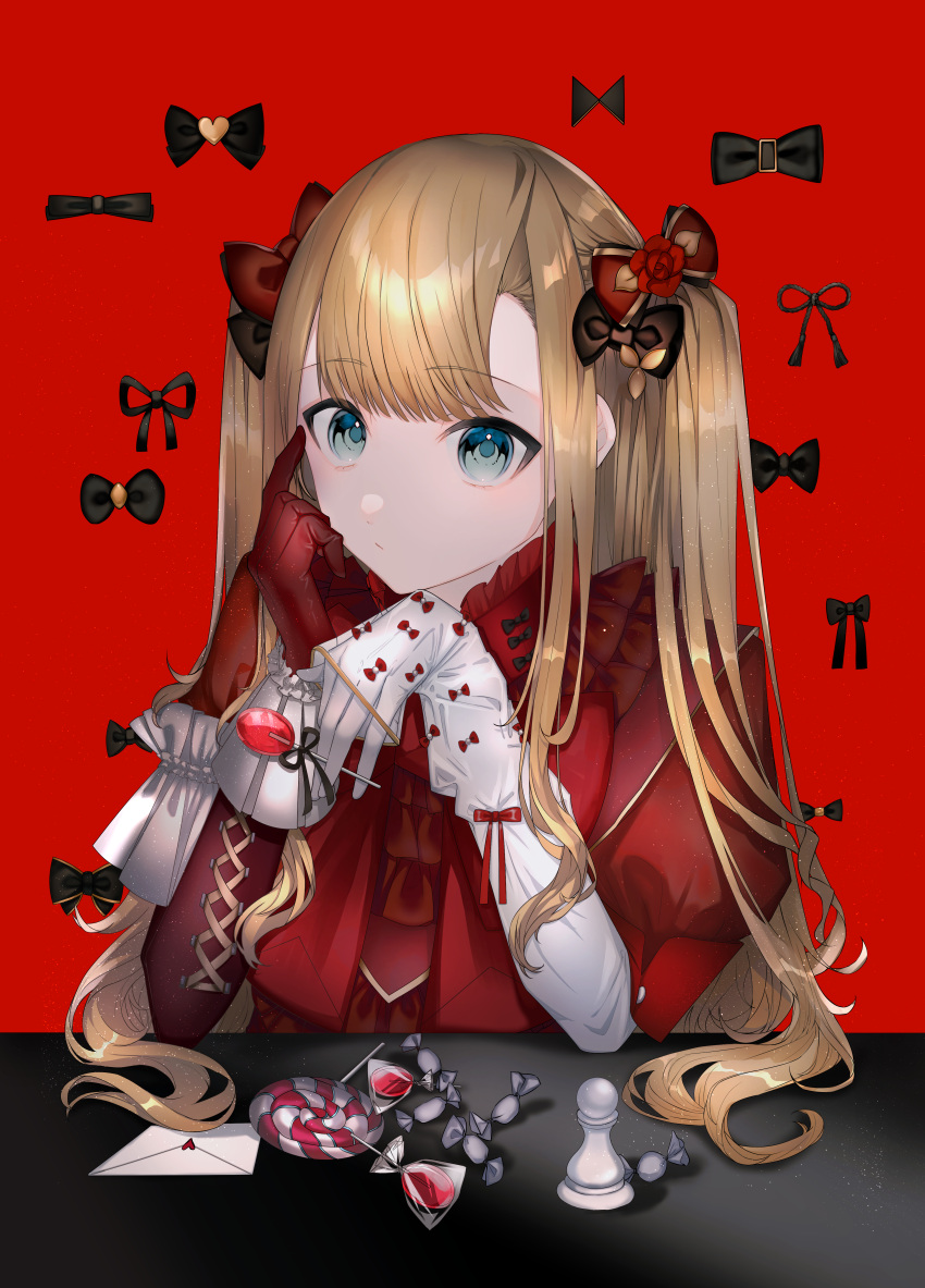 1girl absurdres black_bow blonde_hair blue_eyes bow candy candy_wrapper chess_piece closed_mouth commentary_request dress elbow_gloves envelope food gloves hair_bow heart highres juu_ame layered_sleeves lollipop long_hair long_sleeves looking_at_viewer love_letter original pawn_(chess) puffy_short_sleeves puffy_sleeves red_background red_bow red_dress red_gloves short_over_long_sleeves short_sleeves simple_background solo swirl_lollipop two_side_up very_long_hair white_gloves