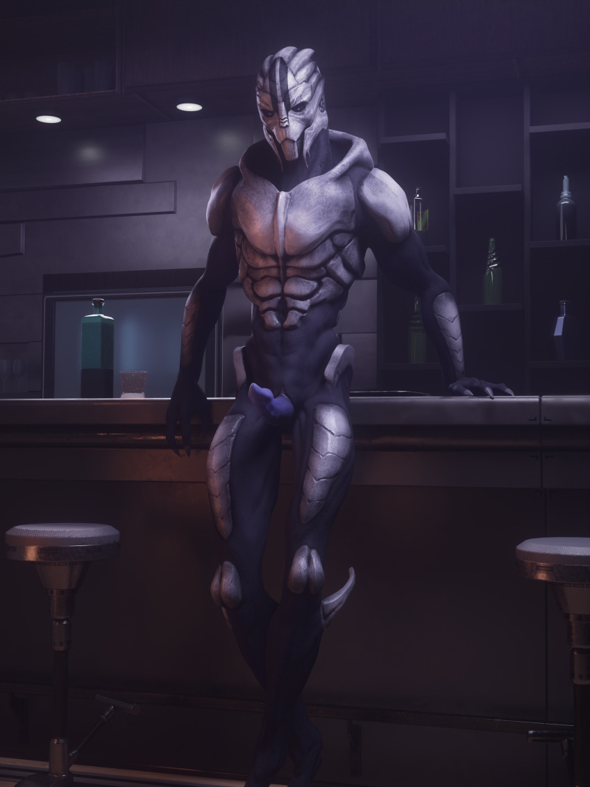 3_fingers 3d_(artwork) 4:3 absurd_res alcohol alien animal_genitalia anthro athletic athletic_male beverage bioware blender_(software) crossed_legs detailed_background digital_media_(artwork) digitigrade electronic_arts erection fingers genital_slit genitals hi_res humanoid leaning looking_at_viewer male mass_effect muscular muscular_male not_furry nude nude_male penis seurat sex slit solo turian unusual_anatomy unusual_genitalia