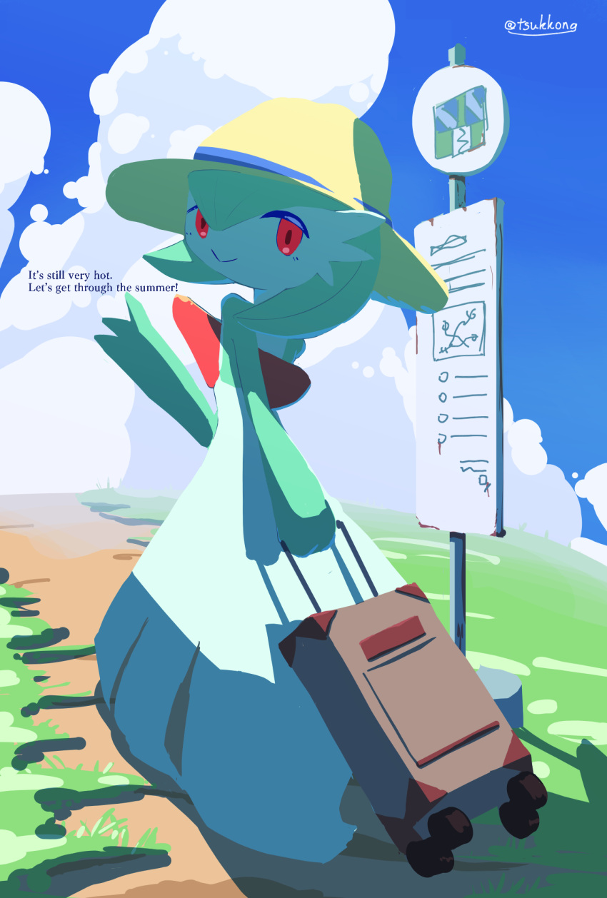 blue_background bus_stop cloud english_text gardevoir hat highres looking_back path pokemon pokemon_(creature) red_eyes rolling_suitcase simple_background smile solo split_mouth suitcase summer sun_hat tsukkon twitter_username waving