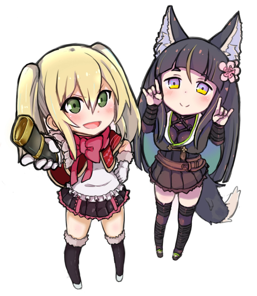 2girls arm_wrap atsushi_(aaa-bbb) bellflower belt black_capelet black_dress black_hair black_skirt black_socks blonde_hair bow capelet chibi closed_mouth dress flower fox_shadow_puppet fox_tail green_eyes hand_on_own_hip highres kitsunegasaki_tametsugu_(tenka_hyakken) kneehighs leg_wrap miyabi_(tenka_hyakken) multiple_girls open_mouth outstretched_arm pink_bow pink_trim red_capelet scabbard sheath shirt skirt socks tail tenka_hyakken twintails v-shaped_eyebrows white_shirt yellow_eyes