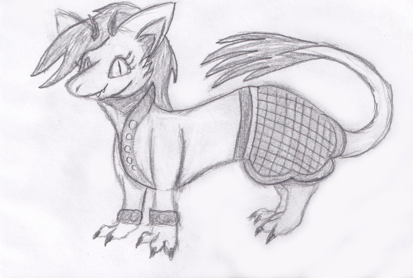 bottomwear claws clothed clothing dragon eyelashes female feral fur furred_dragon hi_res horn quadruped reptile scalie sketch skirt smile smiling_at_viewer solo stinkvali traditional_media_(artwork)