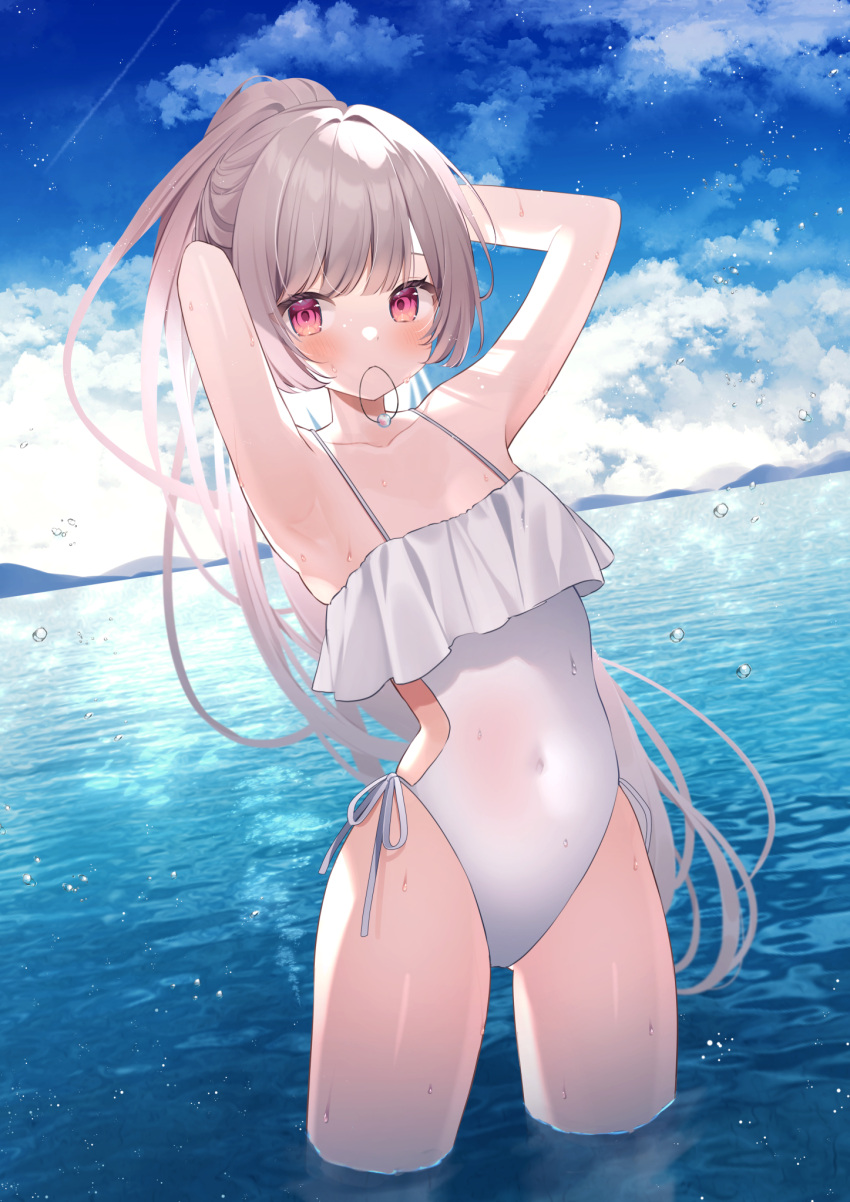 1girl arms_up blue_sky blush casual_one-piece_swimsuit cloud collarbone covered_navel day frilled_one-piece_swimsuit frills hair_tie_in_mouth highres light_brown_hair long_hair mouth_hold ocean off-shoulder_one-piece_swimsuit off_shoulder one-piece_swimsuit original outdoors pink_eyes ponytail ragi_(diabolik_angle) sky solo swimsuit wading white_one-piece_swimsuit